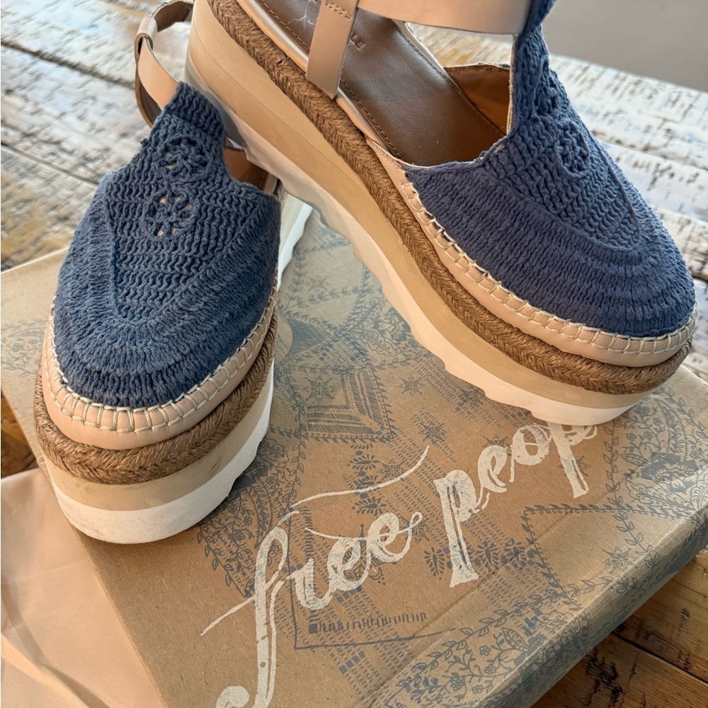 Free People Blue Tan Espadrille Platform Slip-Ons